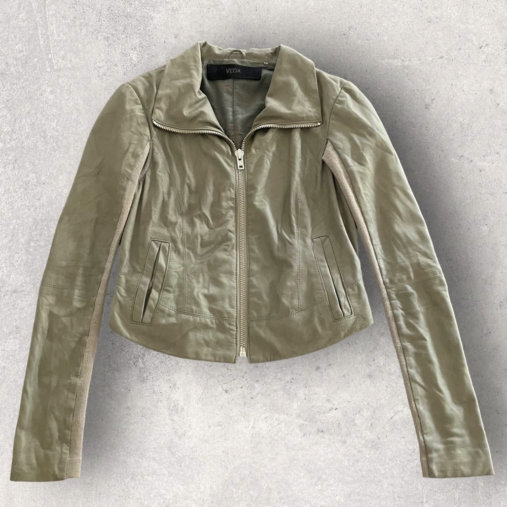VEDA 100% Leather Super SOFT Suede Olive Green Moto Jacket Small